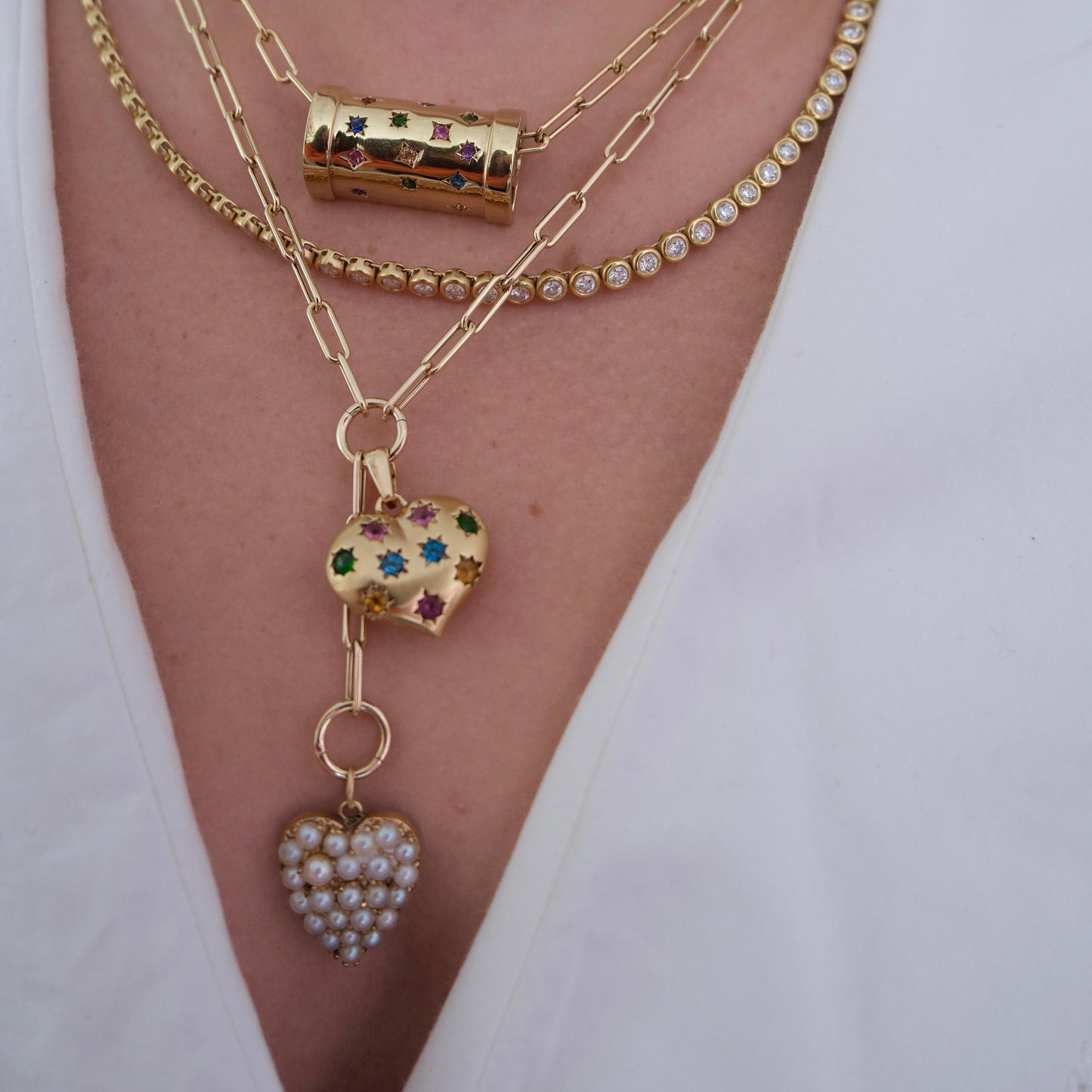 14k Rounded Paperclip Chain w/ Three Charm Holders