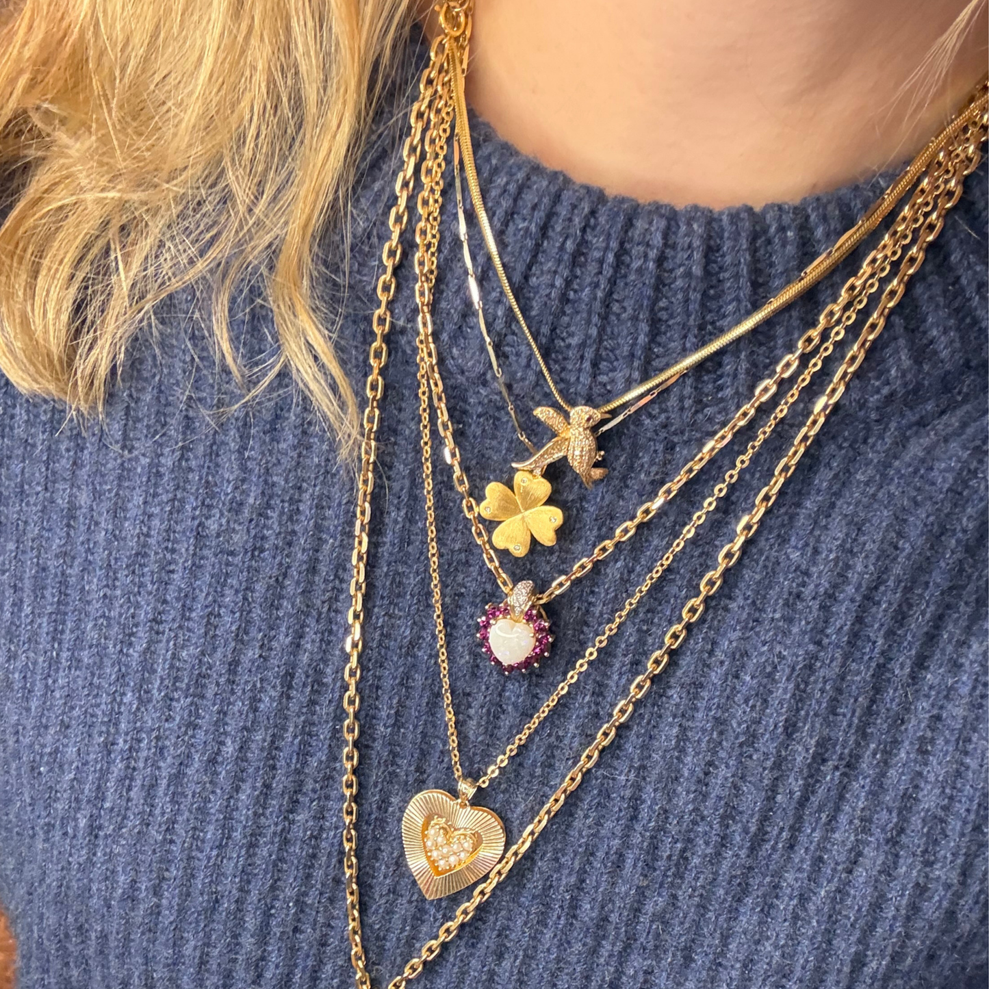 14k Opal, Rhodolite, + Diamond Heart Charm