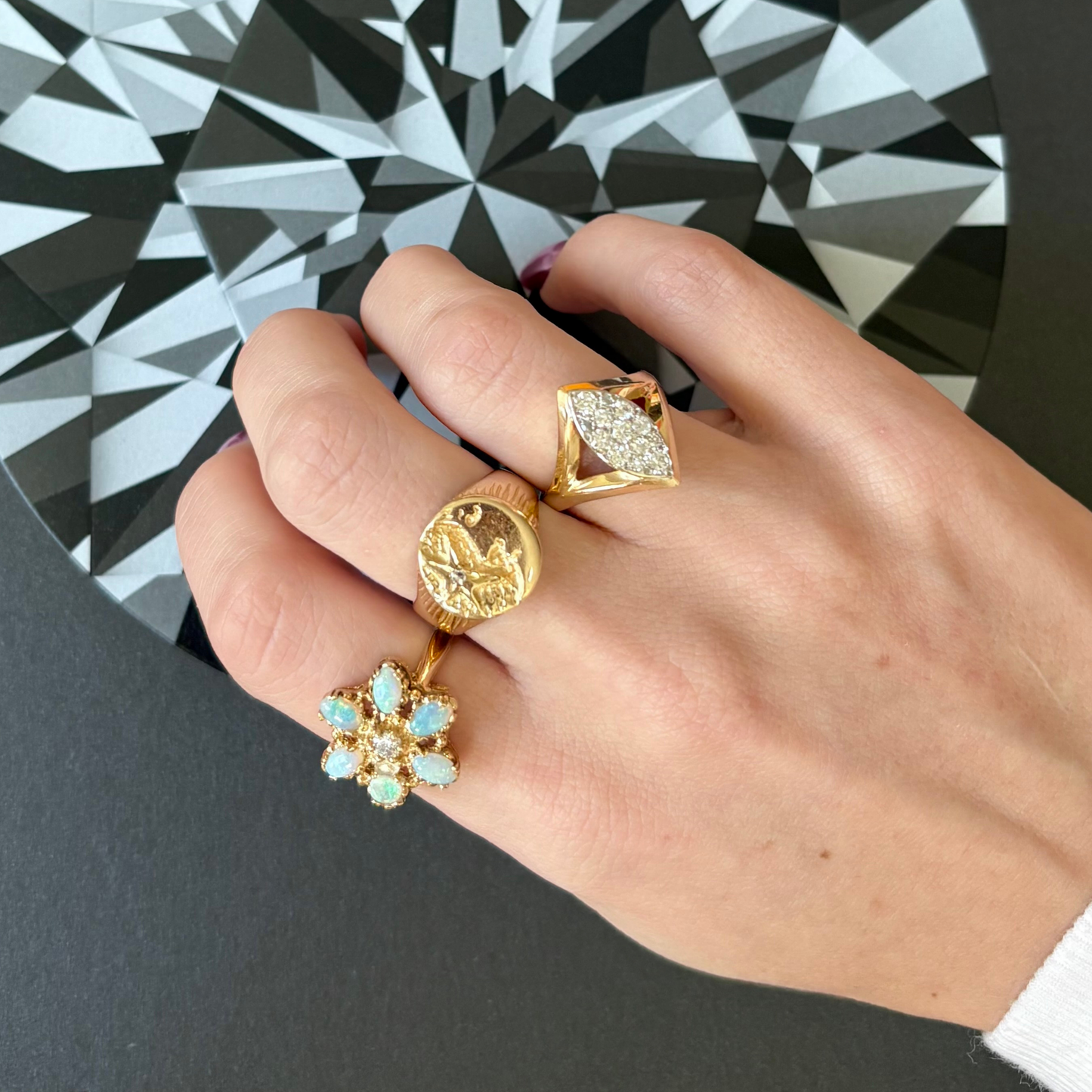 14k Opal + Diamond Flower Ring