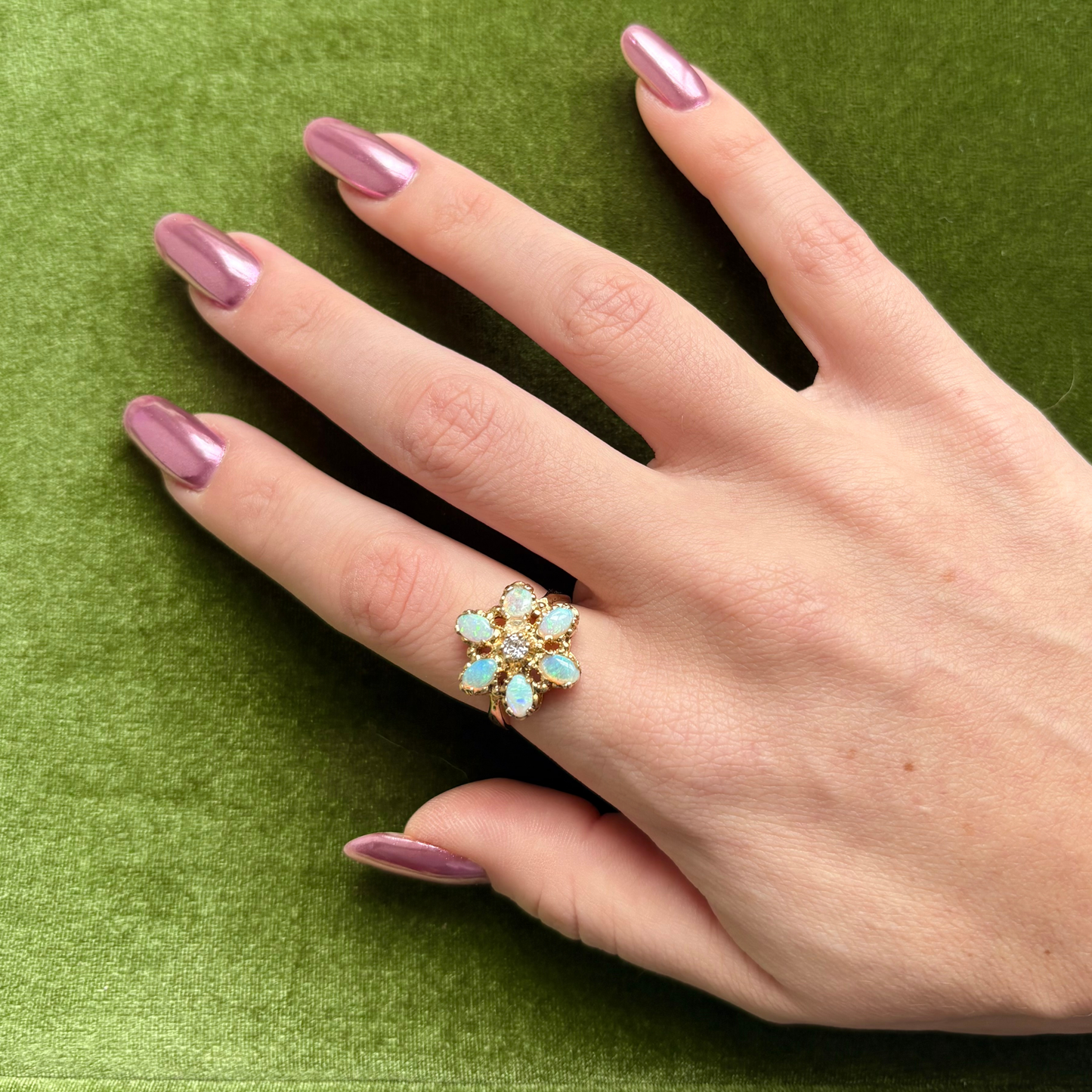 14k Opal + Diamond Flower Ring