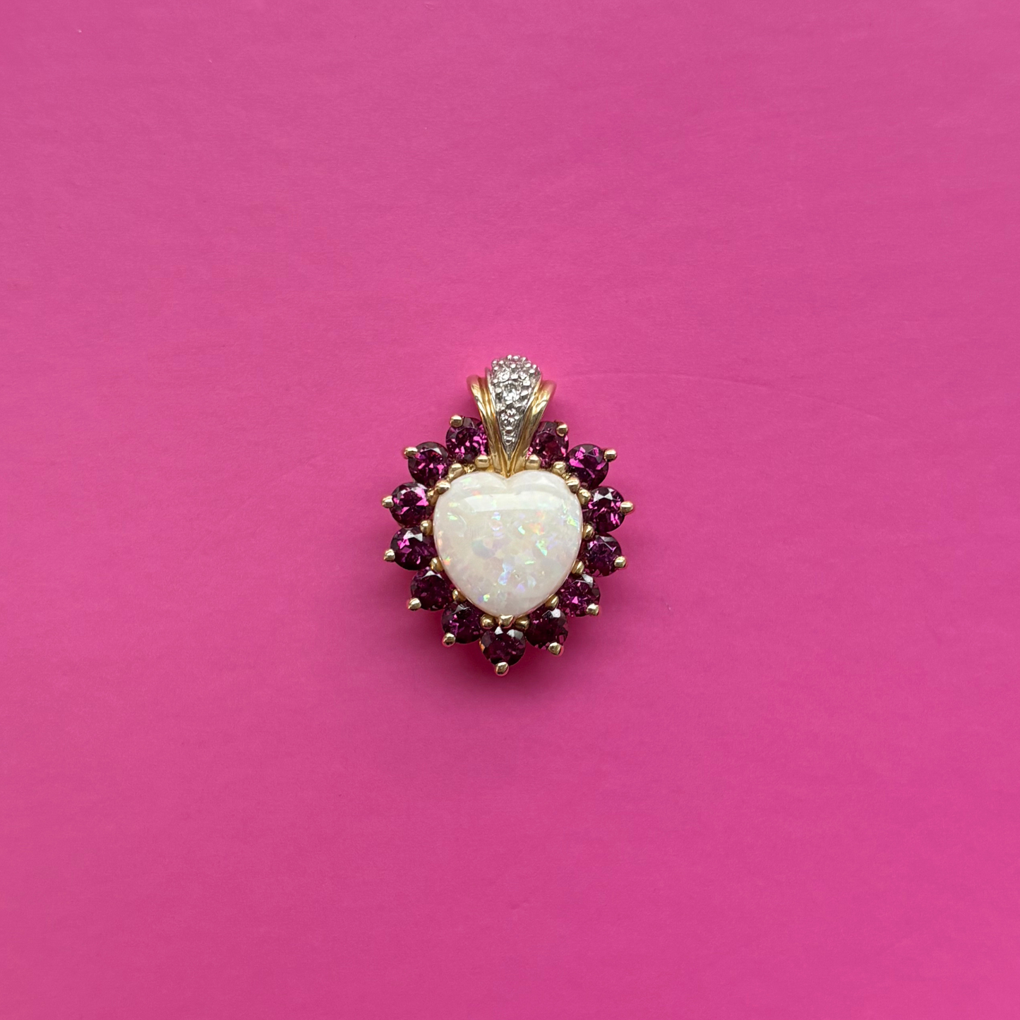 14k Opal, Rhodolite, + Diamond Heart Charm