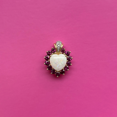 14k Opal, Rhodolite, + Diamond Heart Charm